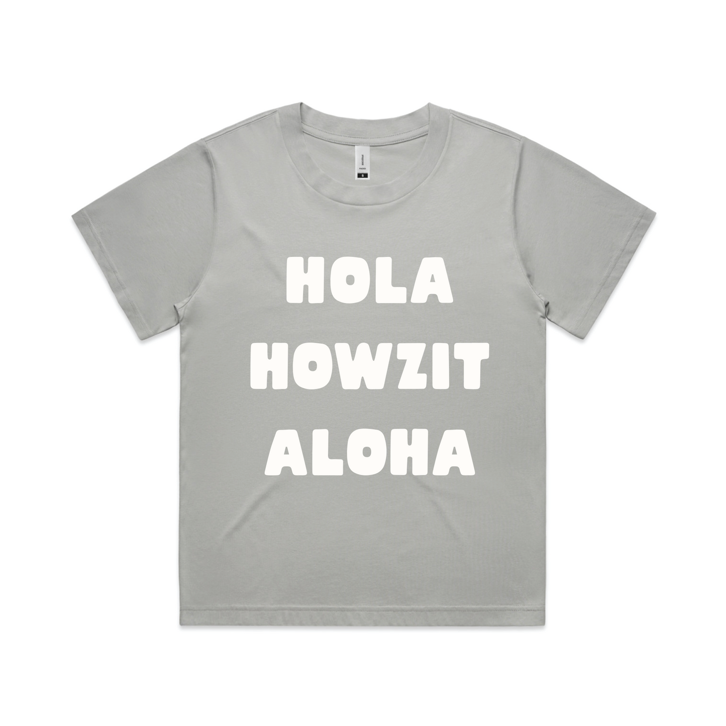 Hola Howzit Aloha Boyfriend Tee – Grey