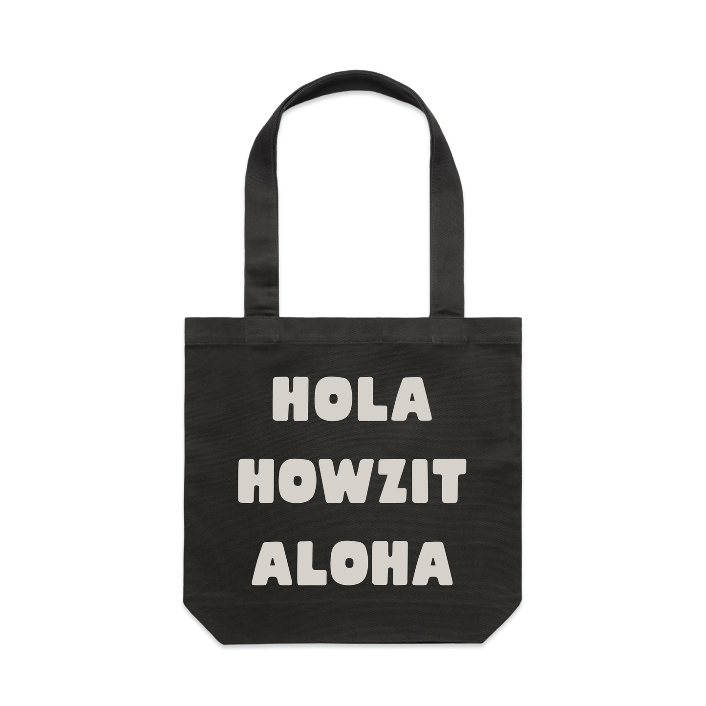 Hola Howzit Aloha tote bag front view
Mucho Aloha greeting tote on canvas
Reusable island tote from Kaua‘i