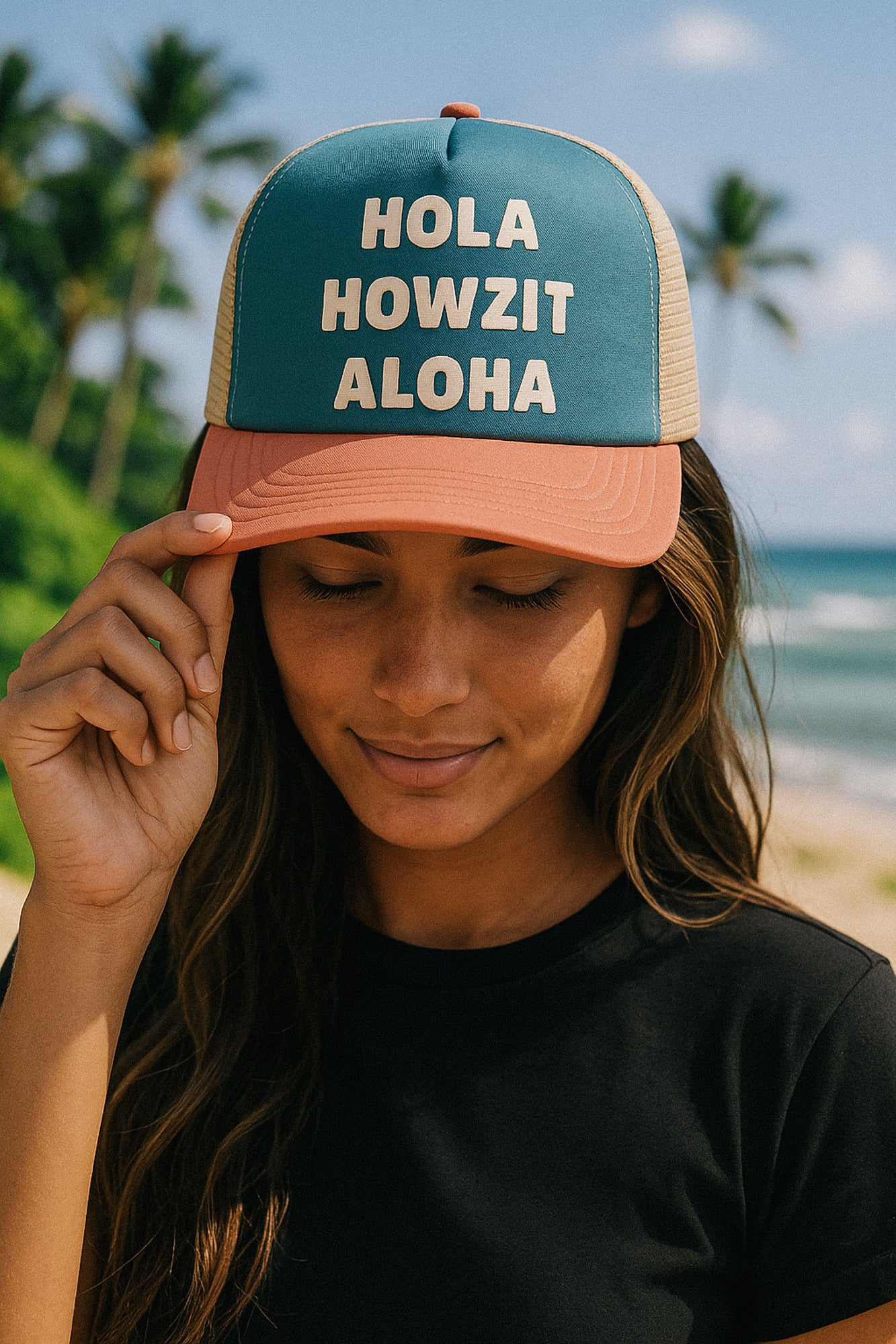 Hola Howzit Aloha Trucker Hat – Marine / Salmon / Khaki
