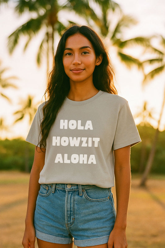 Hola Howzit Aloha Boyfriend Tee – Grey