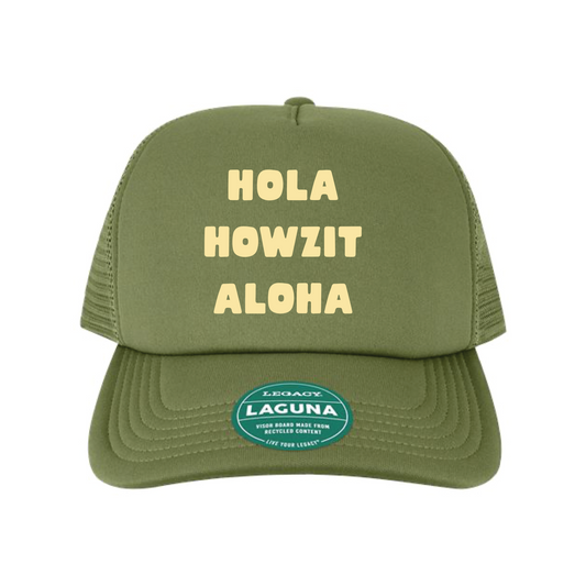 Hola Howzit Aloha Trucker Hat – Olive